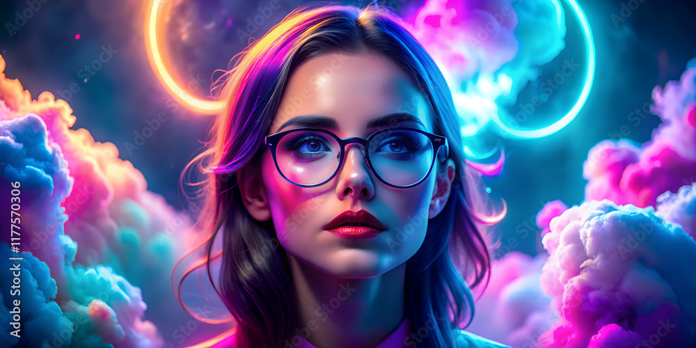 Journey through ethereal colors with a woman in glasses embraced by vibrant clouds and glowing orbs at twilight Journey through ethereal colors with a woman in glasses embraced by vibrant clouds and glowing orbs at twilight