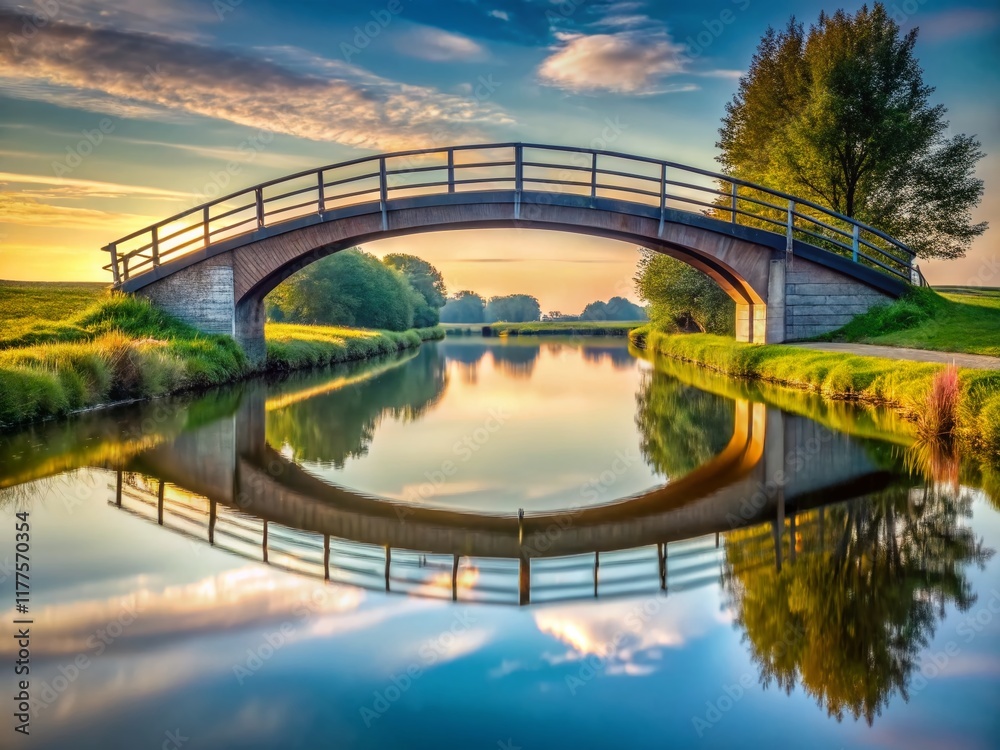 Fototapeta premium Minimalist Bridge Over Canal - Calm Water Reflection