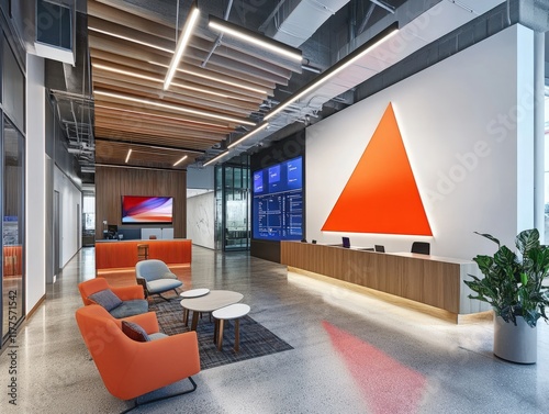 Advertising agency entrance lobby with a bold modern logo, sleek furniture, and interactive digital screens,