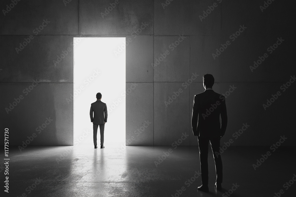 Obraz premium Two men stand in a dimly lit room with a bright doorway symbolizing choice and opportunity