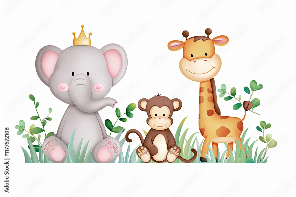 Obraz premium Cute cartoon animals including elephant, monkey, and giraffe in green setting