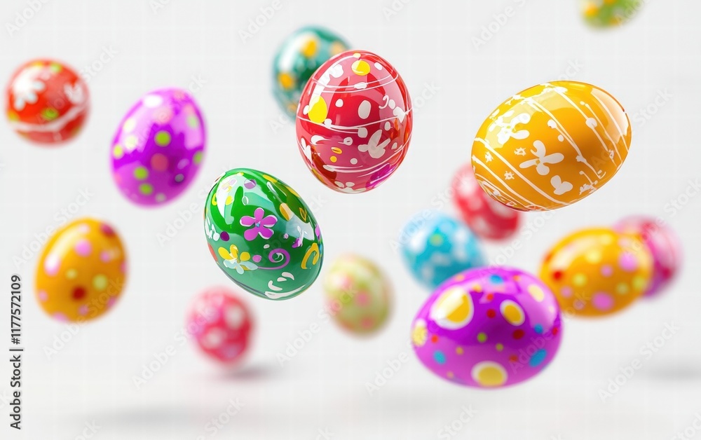 Glossy painted Easter eggs in vibrant spring colors, floating mid-air on a clean white background Glossy painted Easter eggs in vibrant spring colors, floating mid-air on a clean white background