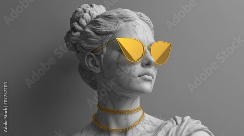 Young woman as ancient philosopher in ultra-realistic marble statue with gold accessories