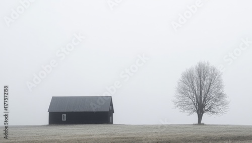 In the upper-right third, a minimalist haunted house outline stands out against a stark white background photo