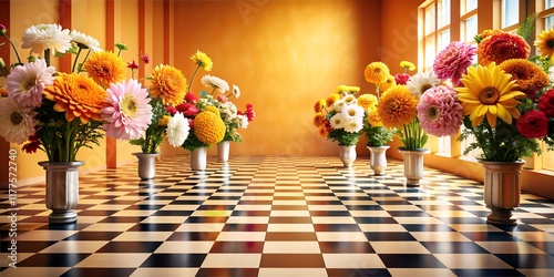 Vibrant floral display fills a warm room with color and life, showcasing a stunning arrangement of blooms in decorative pots photo