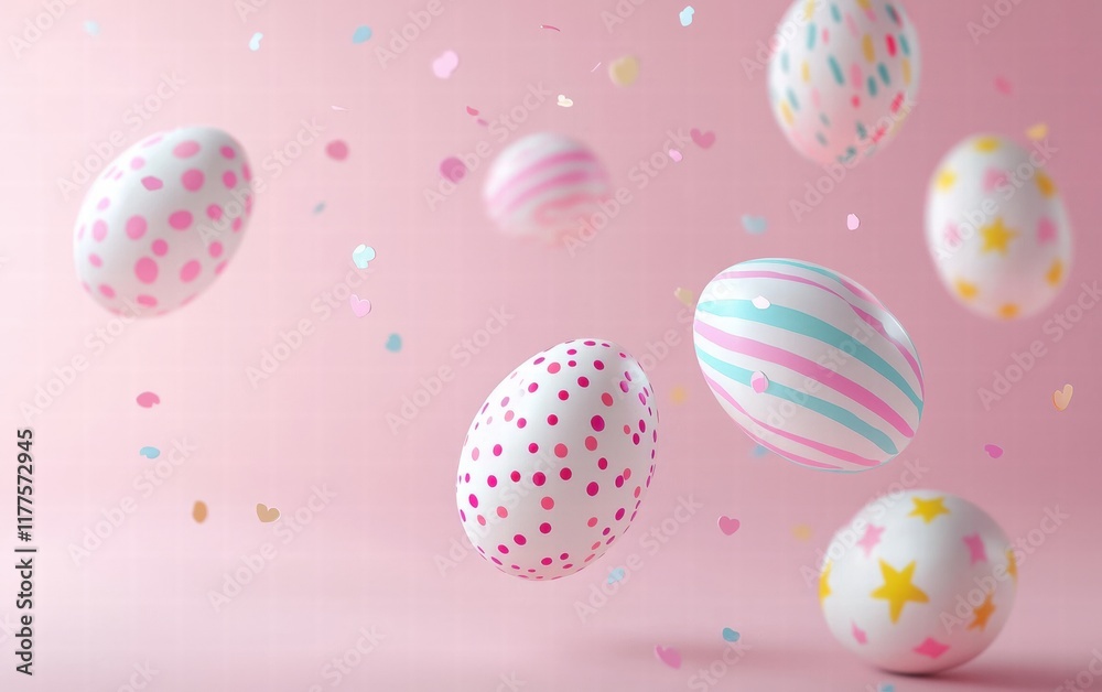 Hand-painted Easter eggs with soft gradients hovering on a baby pink background Hand-painted Easter eggs with soft gradients hovering on a baby pink background