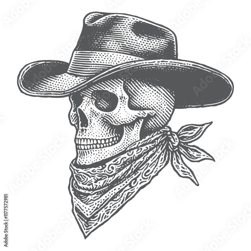 Skull bandit cowboy hand drawn illustration