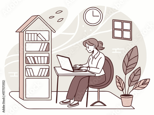 A hand drawn illustration of a woman doing remote work from home