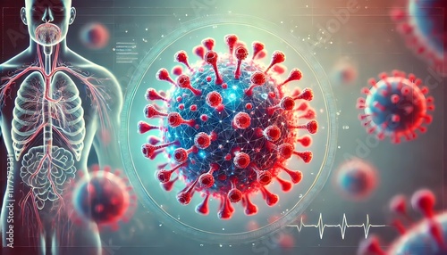 Human metapneumovirus HMPV, with blueprint of lungs and virus in the background. a respiratory virus causing flu-like symptoms coughs and fevers. 