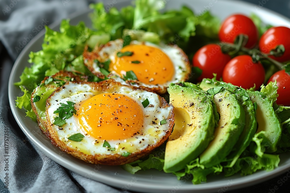 Healthy breakfast: fried eggs, avocado, tomatoes, and greens. Healthy breakfast: fried eggs, avocado, tomatoes, and greens.