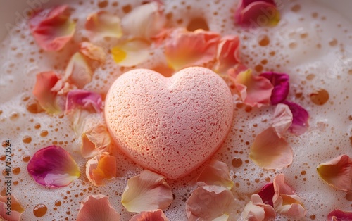 Heart-shaped bath bomb fizzing in a luxurious bathtub surrounded by petals