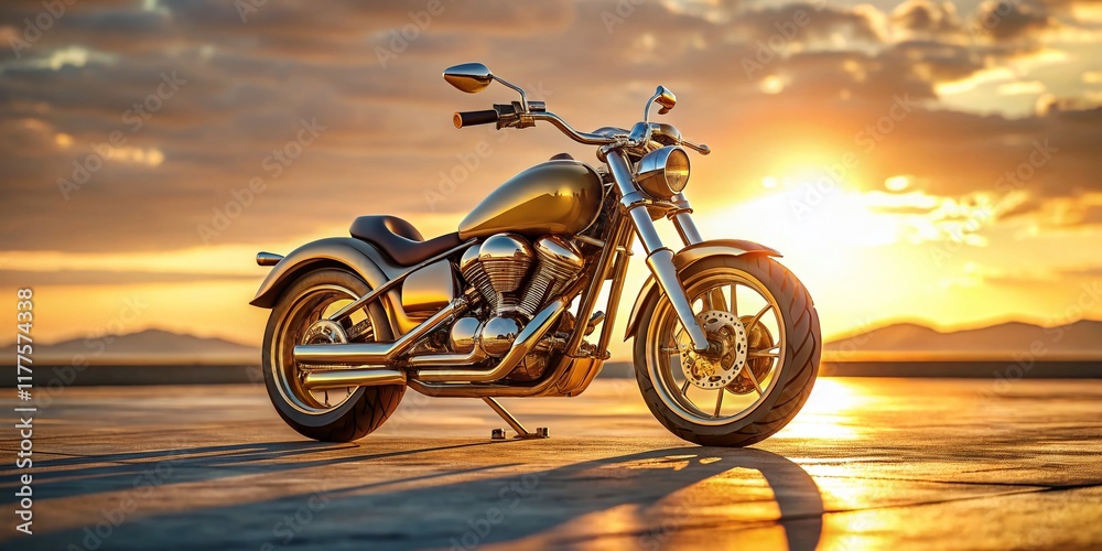 Fototapeta premium Minimalist Golden Motorcycle: Sleek Chrome & Sunset Reflections
