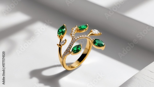 a gold ring adorned with green gemstones and diamonds resembling a stylized branch with leaves. photo