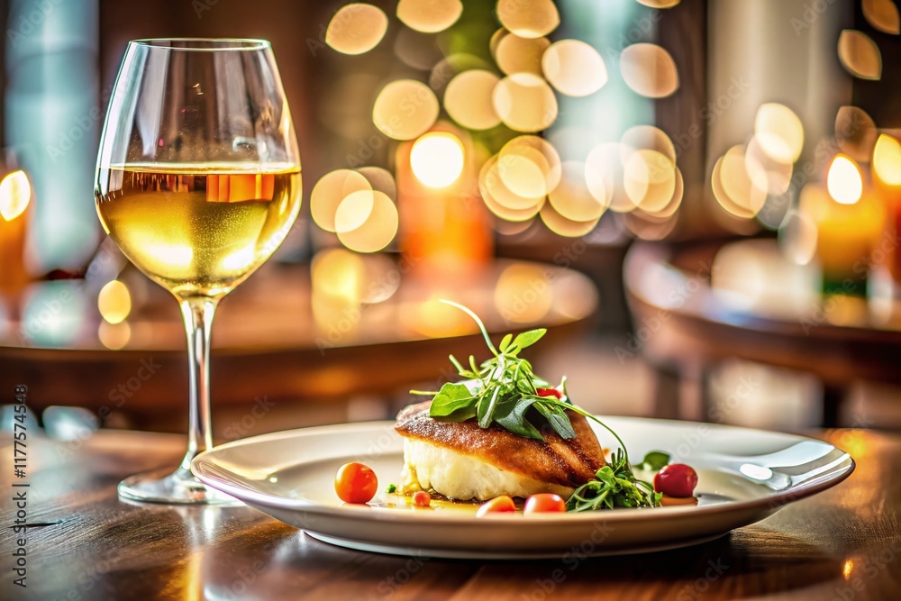 Minimalist Gourmet Meal: White Wine & Restaurant Ambiance Minimalist Gourmet Meal: White Wine & Restaurant Ambiance