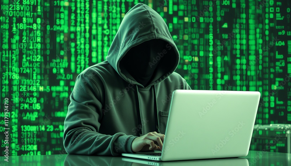 Hacker in a Dark Hoodie Typing on a Laptop with Green Code Hacker in a Dark Hoodie Typing on a Laptop with Green Code