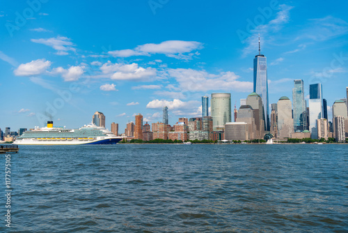 Cruise ship York. Skyline of New York Manhattan cruising on the Hudson River cruise liner. New york cruise lines ships vacation photo