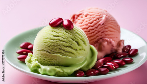 green tea ice cream with red beans and a pink photo