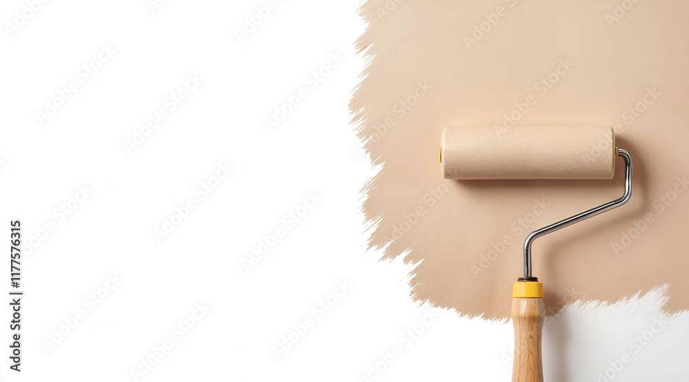 Obraz premium Paint Roller Applying Mocha Beige Paint to White Wall