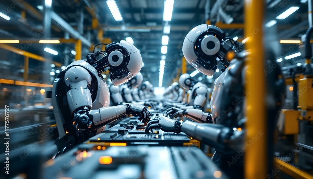 Fototapeta premium Factory Floor Bustling With Advanced Robotic Systems and AI-Driven Machines Assembling Household Appliances in a Clean, Organized Space, Showcasing Modern Automation Efficiency