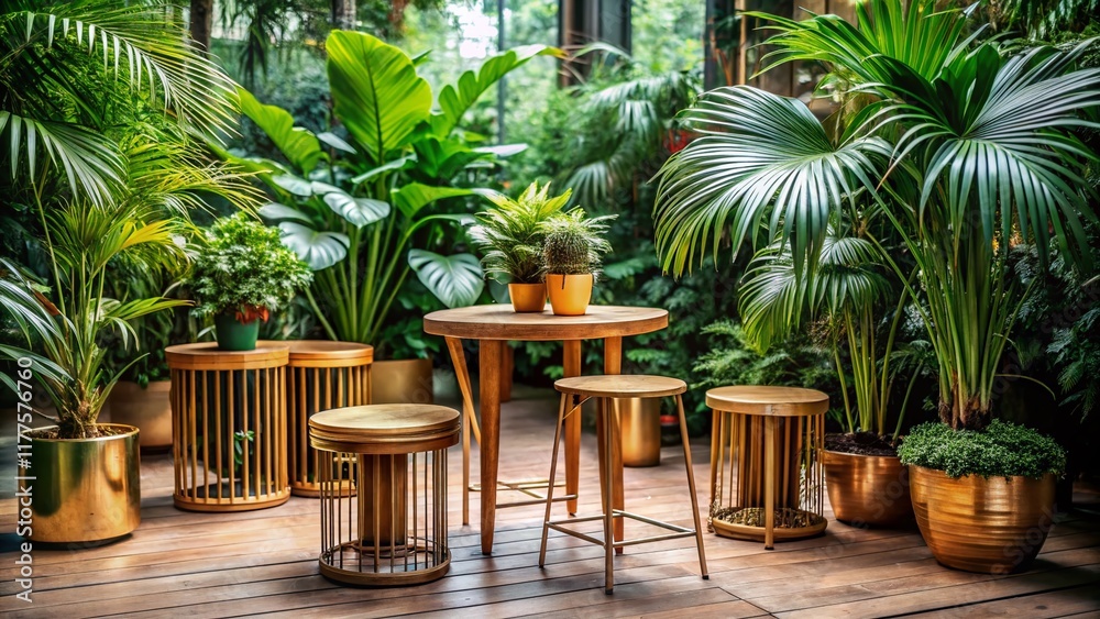 Fototapeta premium Minimalist Metal Garden Furniture in Tropical Orangery - Greenhouse Cafe Concept