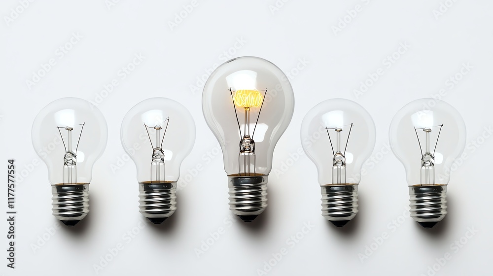 Five light bulbs in a row with one glowing against a white background. Five light bulbs in a row with one glowing against a white background.