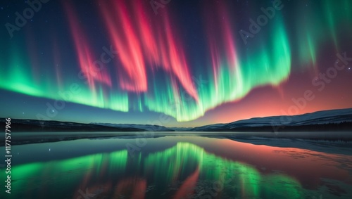 aurora over a peaceful lake reflecting intense geomagnetic activity. photo