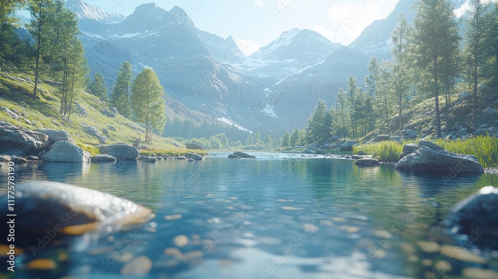 Naklejka premium Serene mountain stream flowing through a valley with lush green vegetation, snow-capped peaks, and clear water.