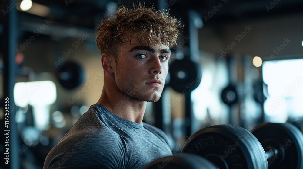 Young man lifting dumbbells in gym. Possible stock photo use