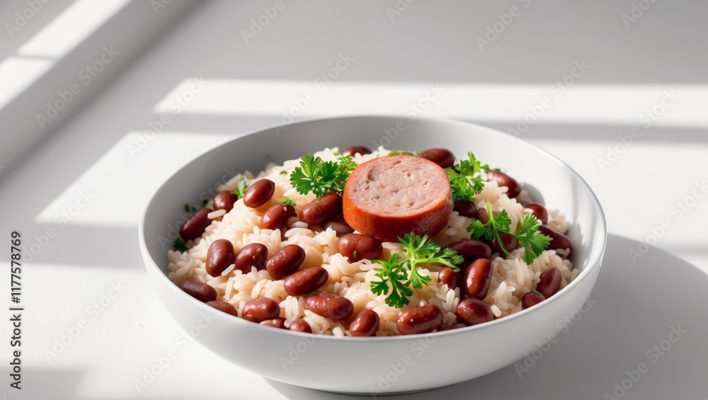Bowl of rice and beans with sausage garnished with herbs Bowl of rice and beans with sausage garnished with herbs