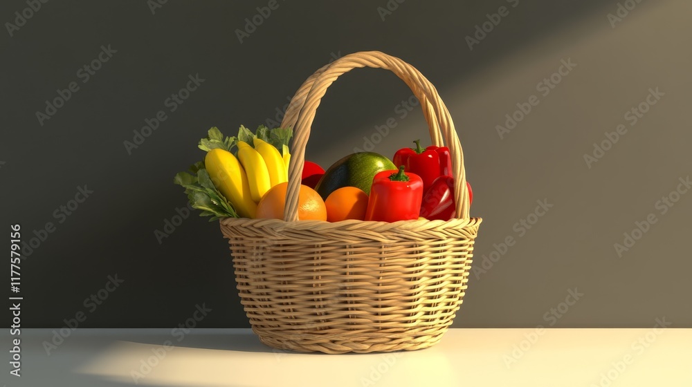 A woven basket filled with colorful fruits and vegetables, showcasing healthy food choices.