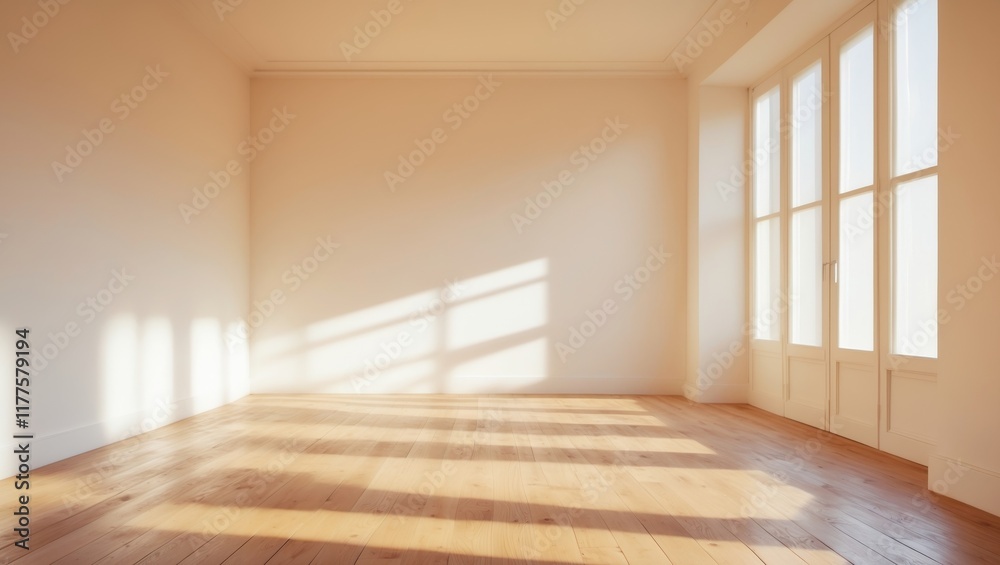 Obraz premium Bright Sunlit Room with Large Windows and Polished Wooden Floor