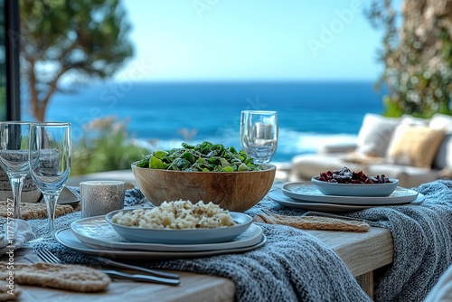 Oceanfront dining: A table set for a meal with stunning ocean views.