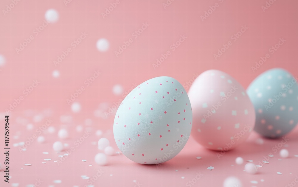 Softly glowing pastel Easter eggs on a light baby pink background Softly glowing pastel Easter eggs on a light baby pink background