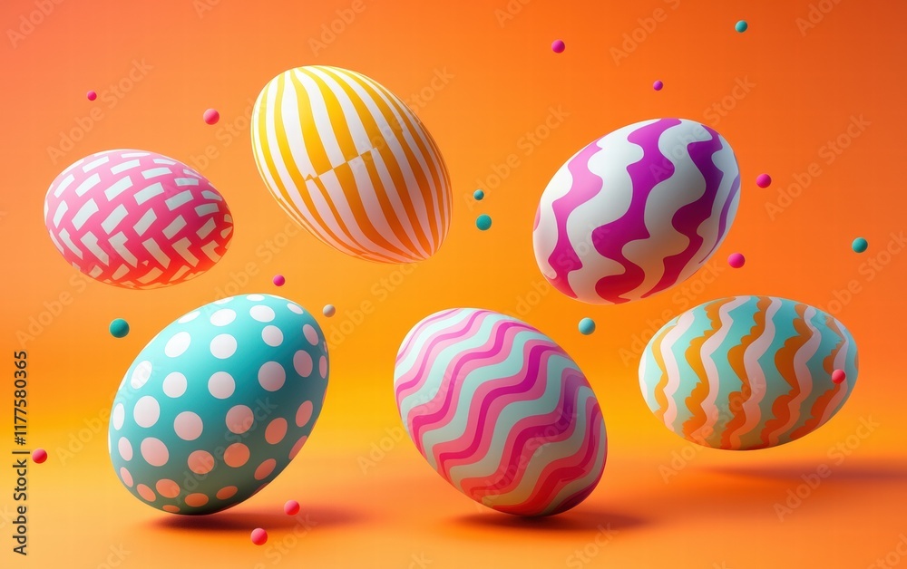 Vibrant Easter eggs in polka-dot and zigzag patterns floating on a vivid orange-to-pink gradient background Vibrant Easter eggs in polka-dot and zigzag patterns floating on a vivid orange-to-pink gradient background