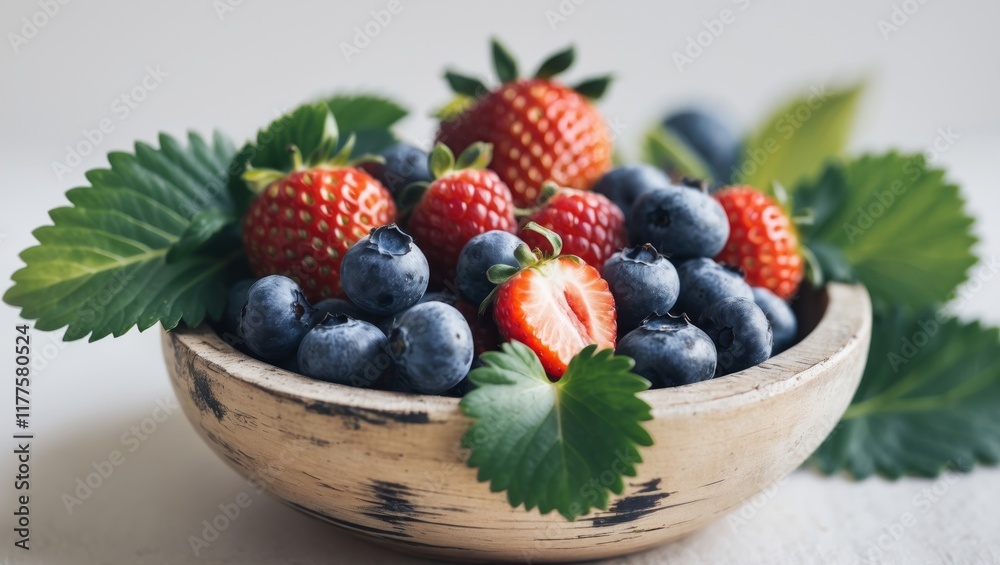 Close Up of Assorted Fresh Berries in Wooden Bowls with Green Leaves and Empty Space for Healthy Eating Text Background Close Up of Assorted Fresh Berries in Wooden Bowls with Green Leaves and Empty Space for Healthy Eating Text Background