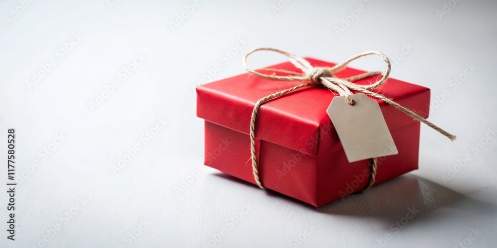 Fototapeta premium Minimalist Red Gift Box with Tag - Simple Holiday Present