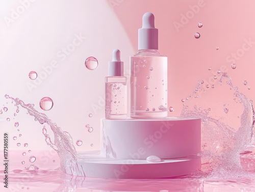 Creative skincare product advertisement with soft pastel tones, minimal design, and dewy effects, photo