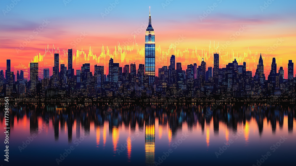 Obraz premium NYC Skyline at Sunset with Stock Market Graph Overlay 