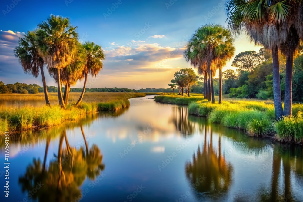 Minimalist River Scene: Palmetto Trees and Tranquil Water Minimalist River Scene: Palmetto Trees and Tranquil Water