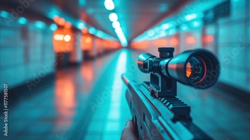 Sniper rifle aimed down a neon-lit urban subway tunnel. photo