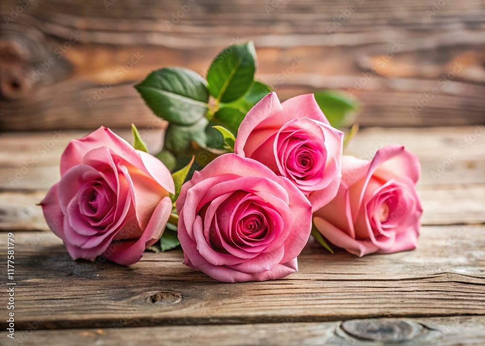 Minimalist Rose Still Life: Pink Roses on Rustic Wooden Board Minimalist Rose Still Life: Pink Roses on Rustic Wooden Board