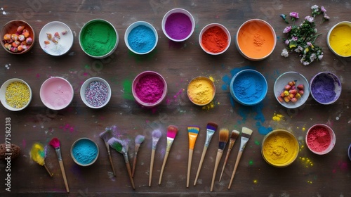 festival preparations, birds-eye view of holi festivities setup with colorful gulal powders, water guns, treats, and eco paint brushes