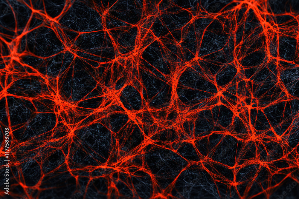 Abstract representation of neural connections in vibrant red and dark background. Abstract representation of neural connections in vibrant red and dark background.
