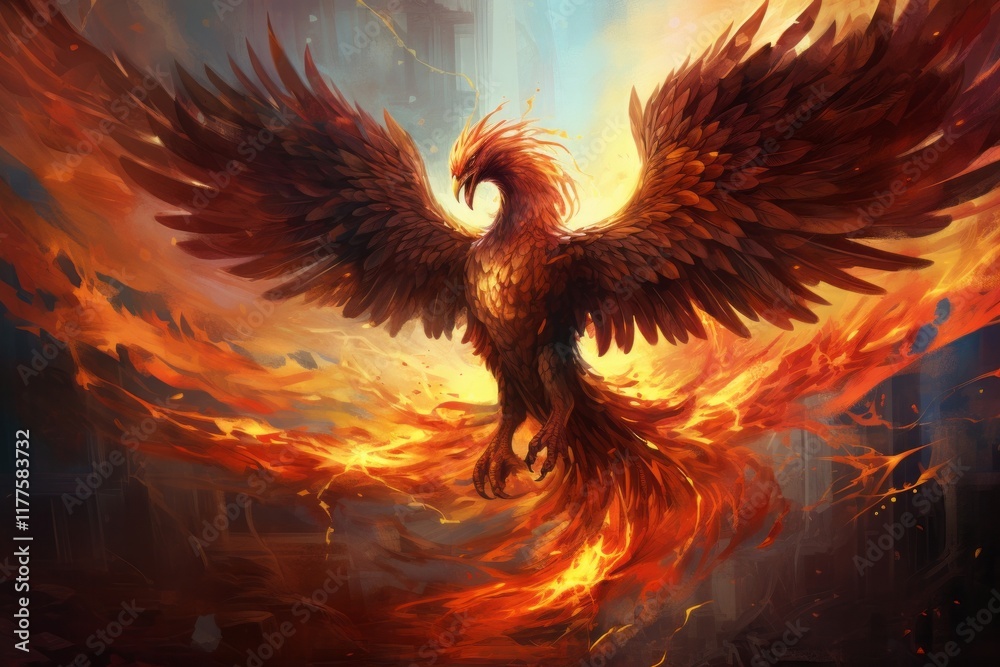 Obraz premium Painting of a phoenix rising from ashes, symbolizing rebirth, renewal, and the power of resilience