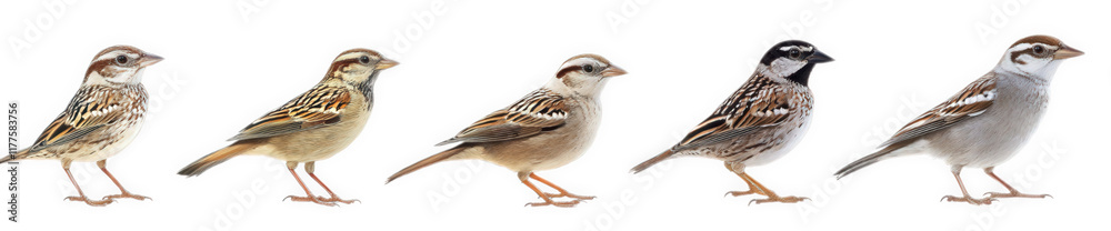 series of five sparrows. showcasing their varying plumage and sizes. likely illustrating the differences among species or stages of development this visual comparison emphasizes the diversity within t series of five sparrows. showcasing their varying plumage and sizes. likely illustrating the differences among species or stages of development this visual comparison emphasizes the diversity within t