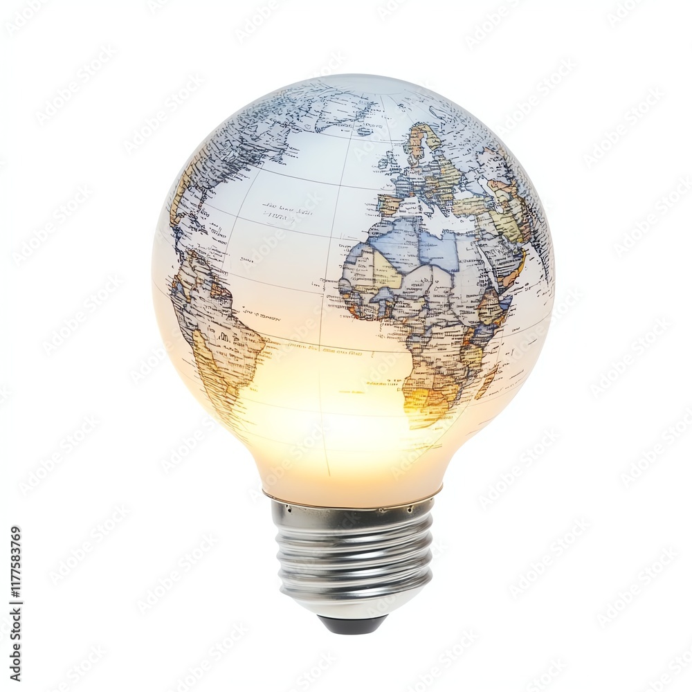 Globe-shaped light bulb with world map design, isolated on a white background. Globe-shaped light bulb with world map design, isolated on a white background.