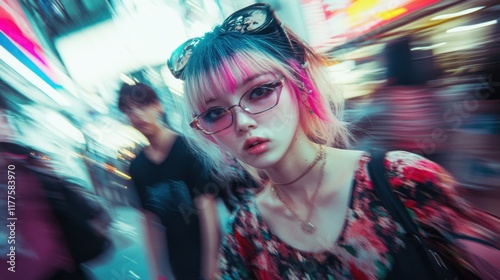 Vibrant gyaru pop punk style captured in Shibuya with playful energy and grunge aesthetics