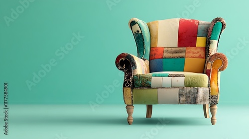 Eclectic patchwork upholstered armchair on light green background photo