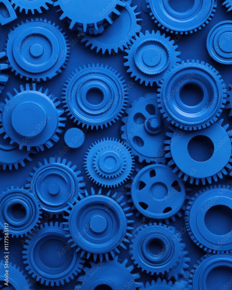 Collection of blue gears depicting mechanics and industrial design elements.