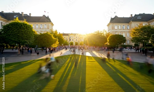 Blurry Crowd of Students Moving Quickly in a College Courtyard – Dynamic Campus Scene
